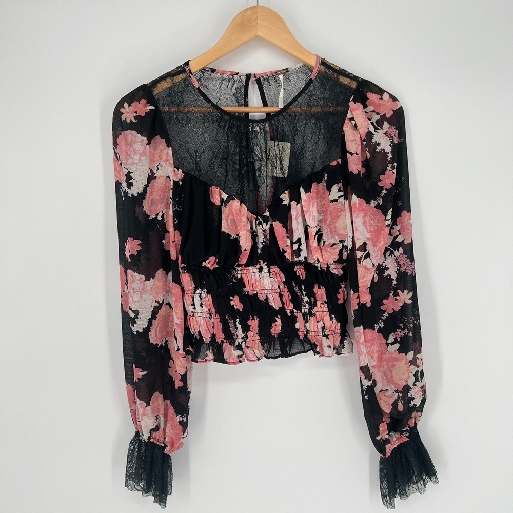 Free People Intimately Black Pink Floral Lace Sheer Peplum Top NWT Sz S Babydoll - Picture 13 of 15